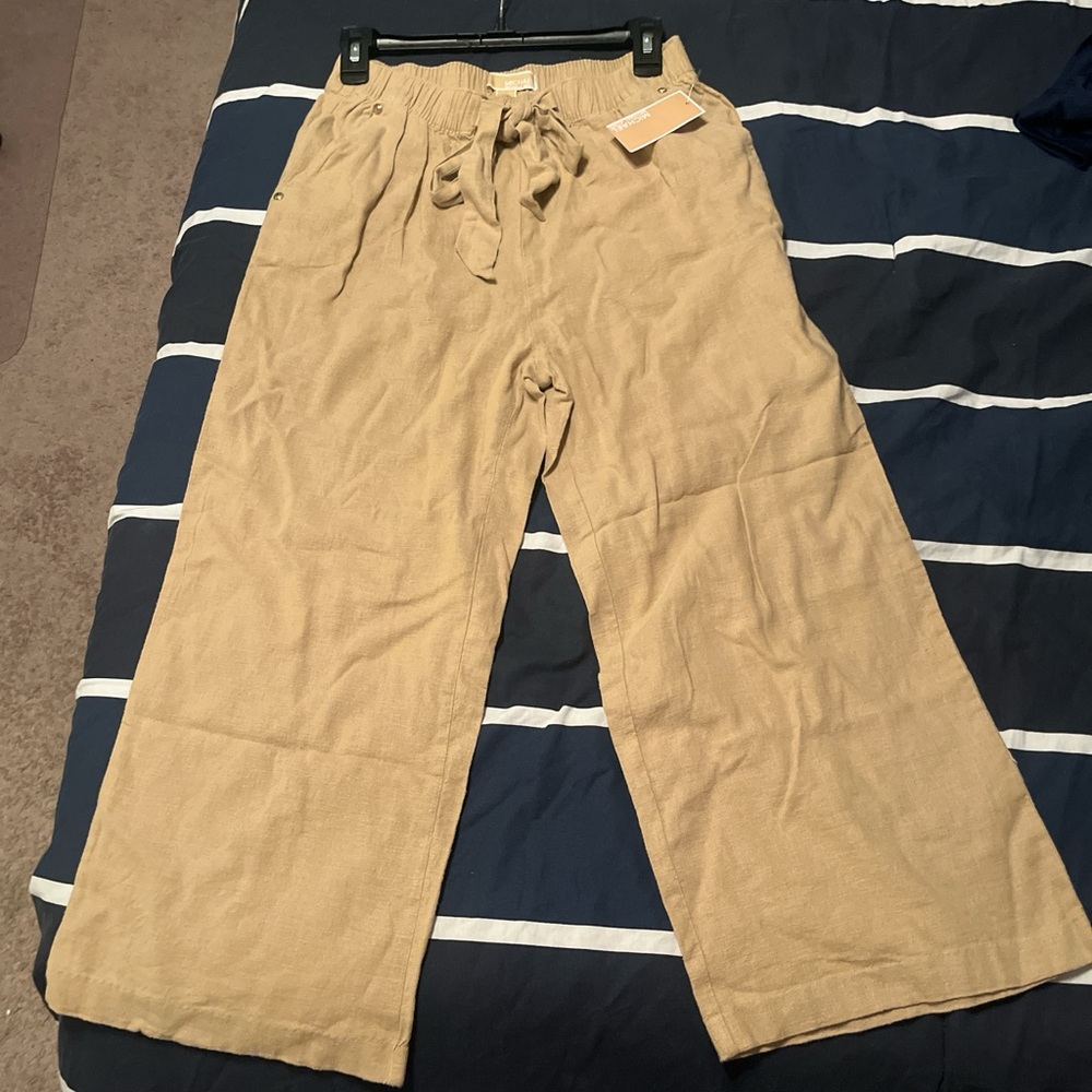 Michael Kors Camel Drawstring Linen-Blend Wide Leg Pants